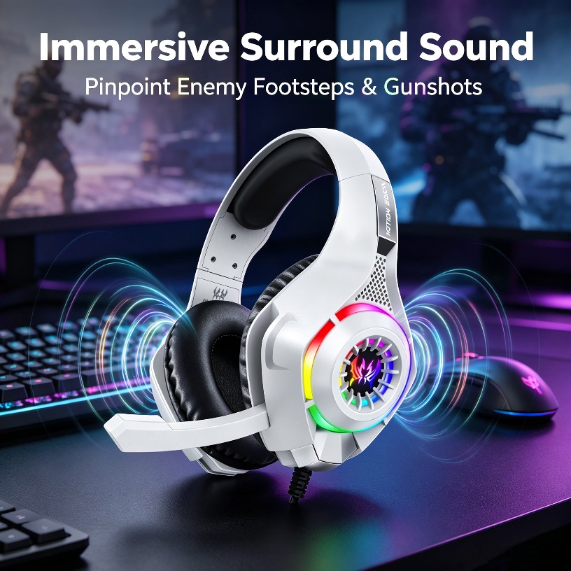 Gaming Headset With Mic Rgb - หูฟังเกมมิ่งแบบมีสายพร้อมไมโครโฟน ไฟ RGB LED ครอบหู เสียงเบสสเตอริโอ