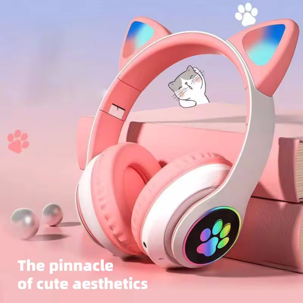 Cat Ear Bluetooth Headset Led - ชุดหูฟังที่รองรับบลูทูธหูแมวน่ารักพร้อมชุดหูฟังไร้สาย LED ชุดหูฟังสเตอริโอสำหรับเด็กผู้หญิงแบบพับได้พร้อมไมโครโฟน