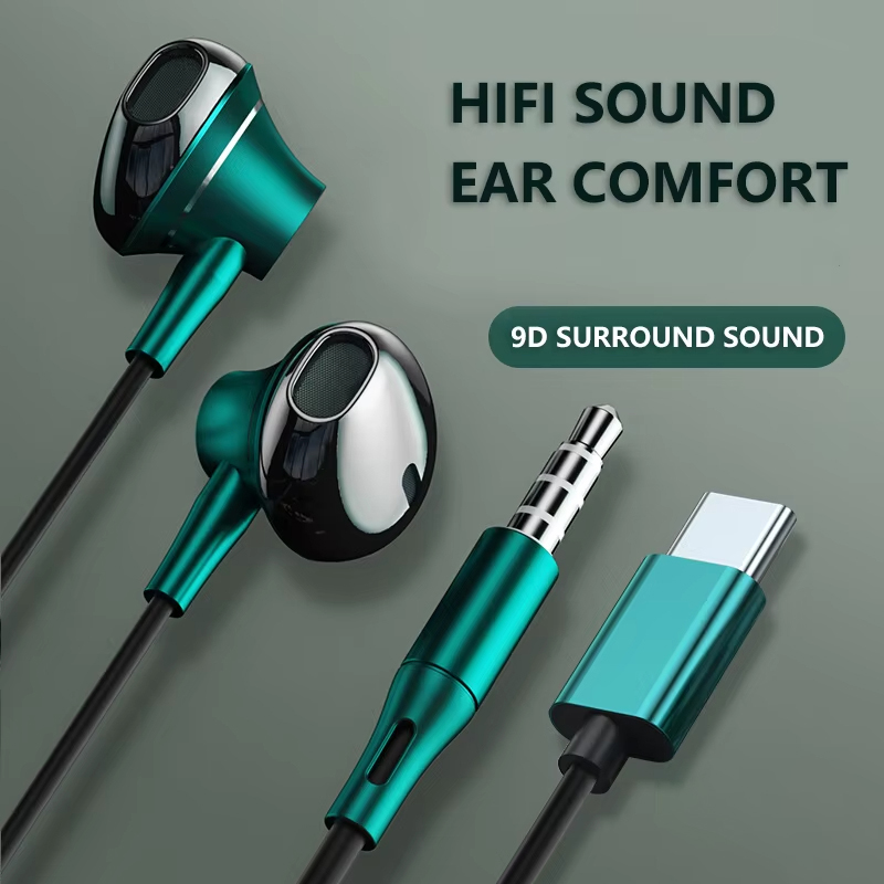 Type C Wired Earphones With Mic - หูฟังแบบมีสาย 9D Bass Stereo Type C