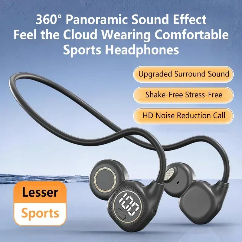 Bone Conduction Running Headphones - หูฟังบลูทูธแบบส่งสัญญาณผ่านกระดูก ไม่ต้องสอดเข้าหู พร้อมหน้าจอแสดงผลดิจิทัล ครอบหู ตัดเสียงรบกวน แบตเตอรี่ใช้งานได้นาน