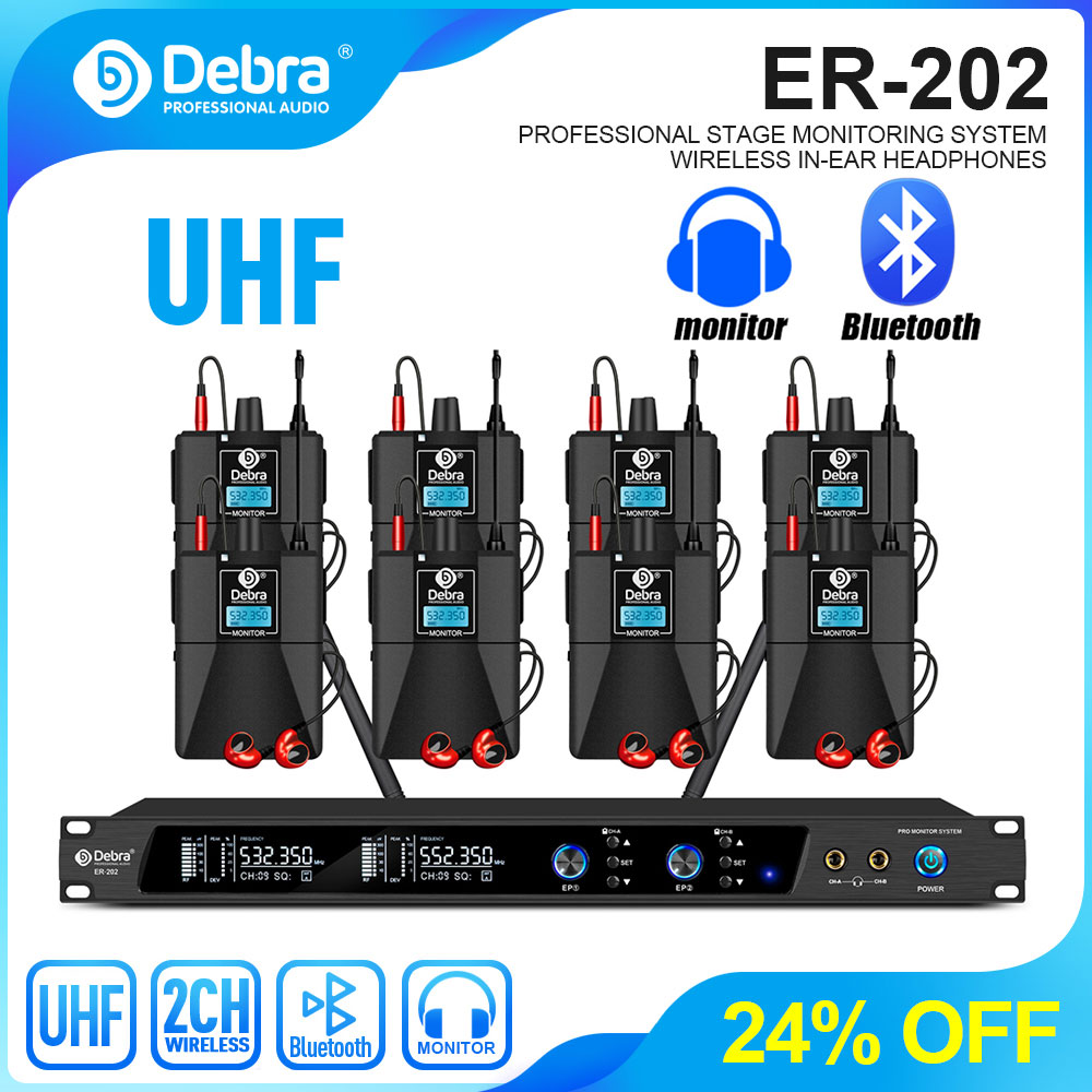 In Ear Monitors For Singers - ระบบมอนิเตอร์แบบพกพาในหูไร้สาย Debra UHF IEM ER-202 สำหรับการแสดงบนเวที