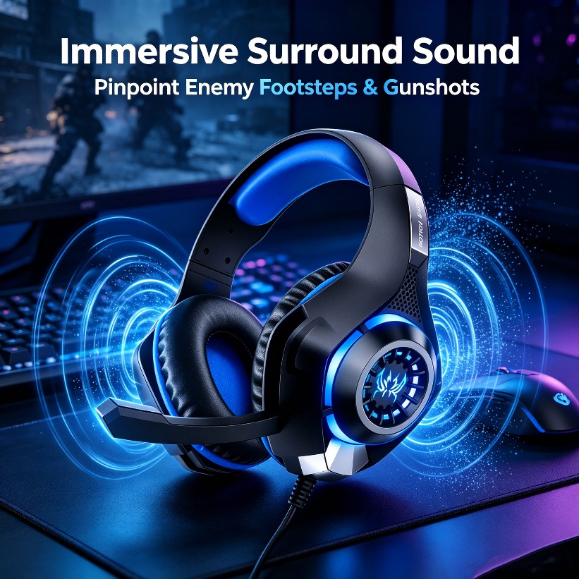 Gaming Headset With Mic Rgb - หูฟังเกมมิ่ง LED พร้อมไมโครโฟน RGB แบบครอบหู เสียงสเตอริโอรอบทิศทาง