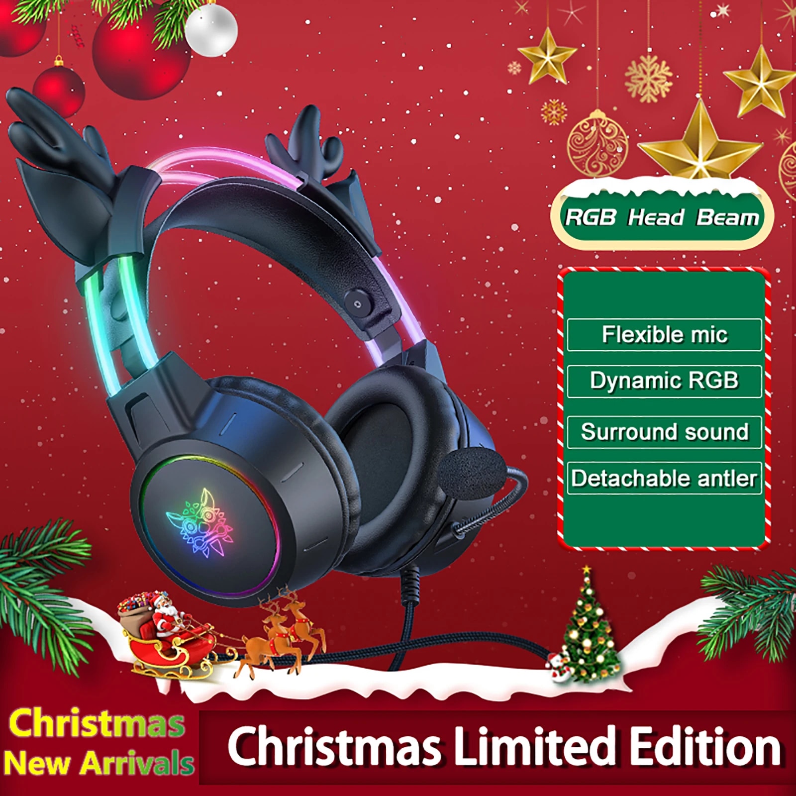 Gaming Headset With Mic Rgb - หูฟังเล่นเกม onikuma สำหรับ2024ใหม่ของขวัญคริสต์มาสพร้อมที่จับถอดได้หูฟังแสง RGB ตัดเสียงรบกวนด้วยไมโครโฟน