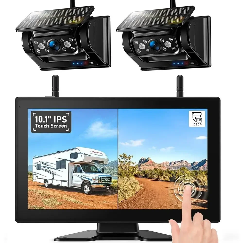 Cameras - กล้องมองหลังไร้สายระบบแม่เหล็กพลังงานแสงอาทิตย์ HD 1080P DVR พร้อมจอสัมผัส 10.1