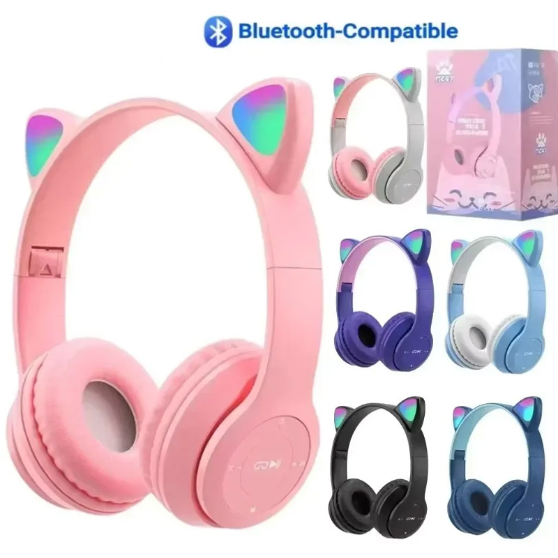 Cat Ear Bluetooth Headset Led - หูฟังบลูทูธไร้สาย หูฟังแบบหูแมวน่ารัก ไฟ LED ตัดเสียงรบกวน หูฟังสเตอริโอ