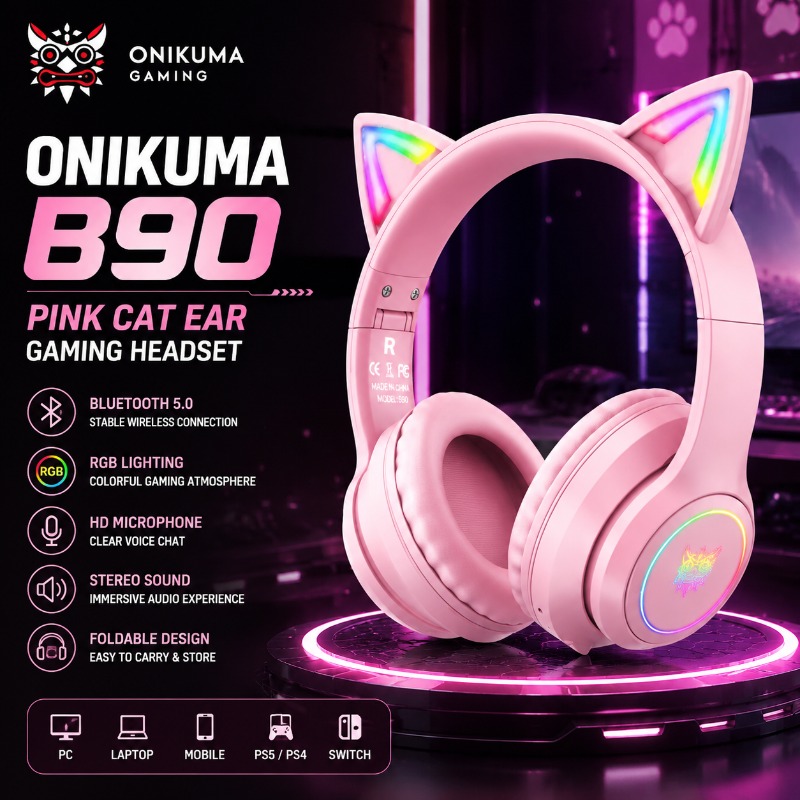 หูฟังเกมมิ่ง Onikuma B90 สีชมพ - Gaming Headset With Mic Rgb บทวิจารณ์และราคา